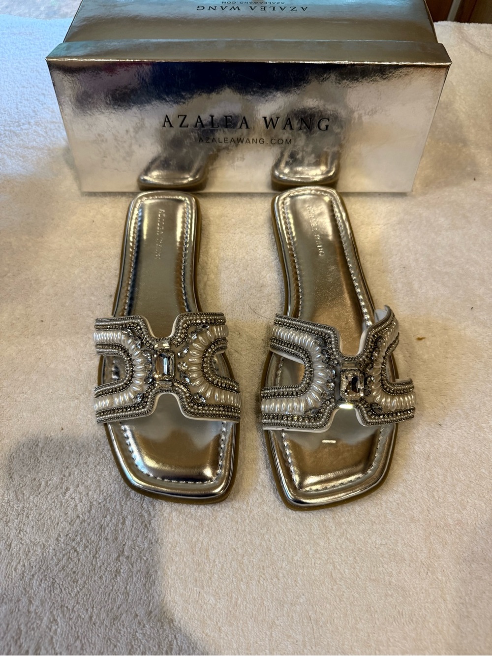 Azalea Wang Madiha Embellished Slide Sandals in silver.